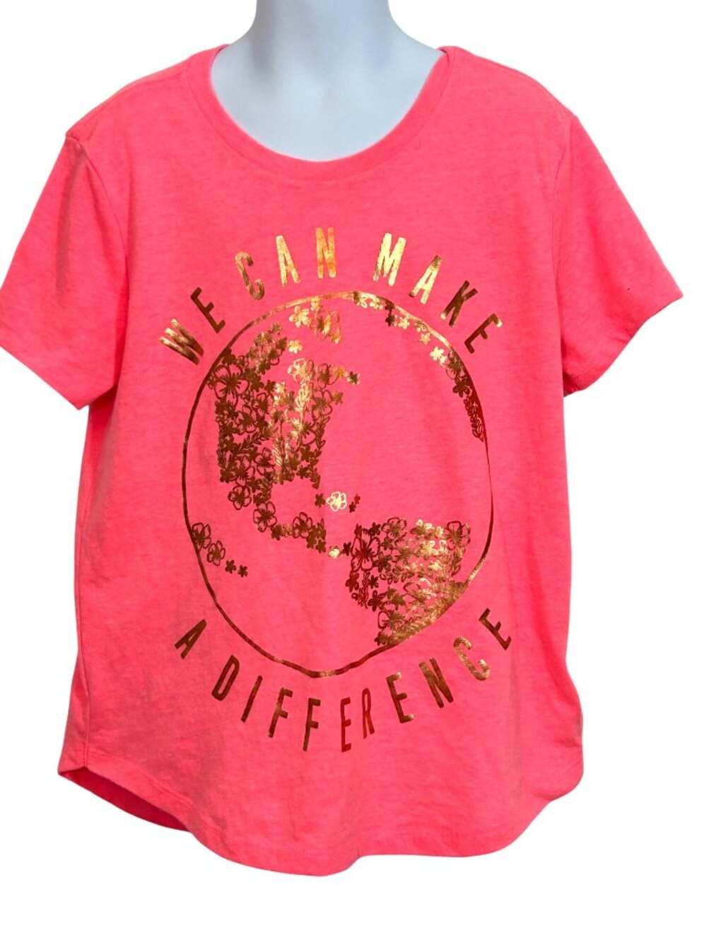 Old Navy Girl Pink Gold Shirt 8 We Can Make a Difference Earth Day Floral Globe